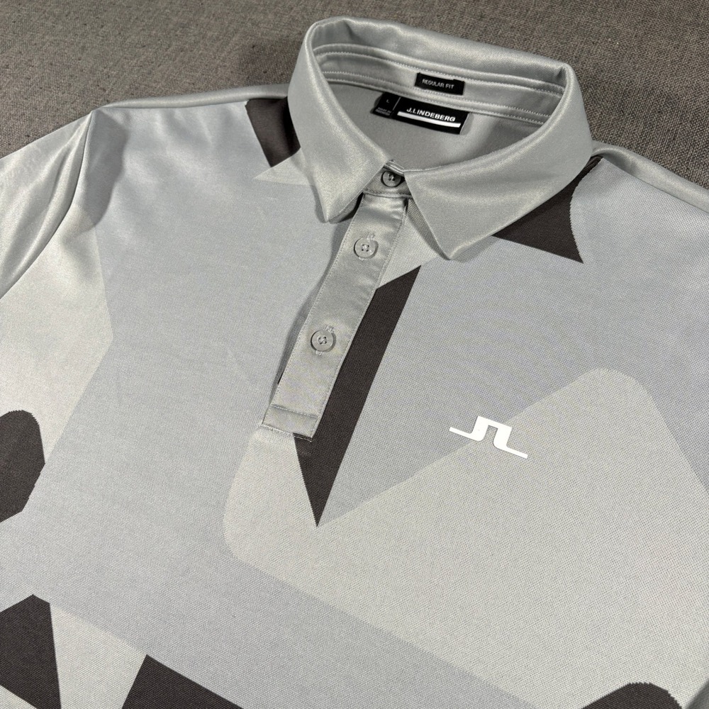 J.Lindeberg Joel Polo Mens L Grey Geometric Print Regular Fit Golf GMJT07638